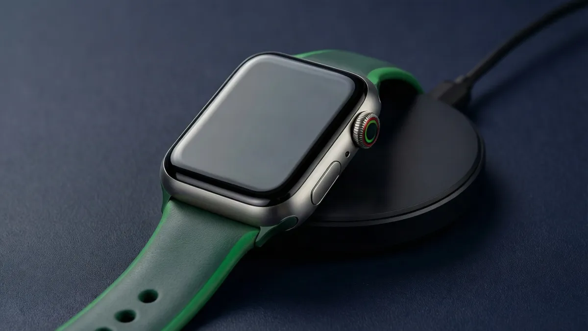Smartwatch moderno genérico junto a su base de carga sobre una superficie azul noche